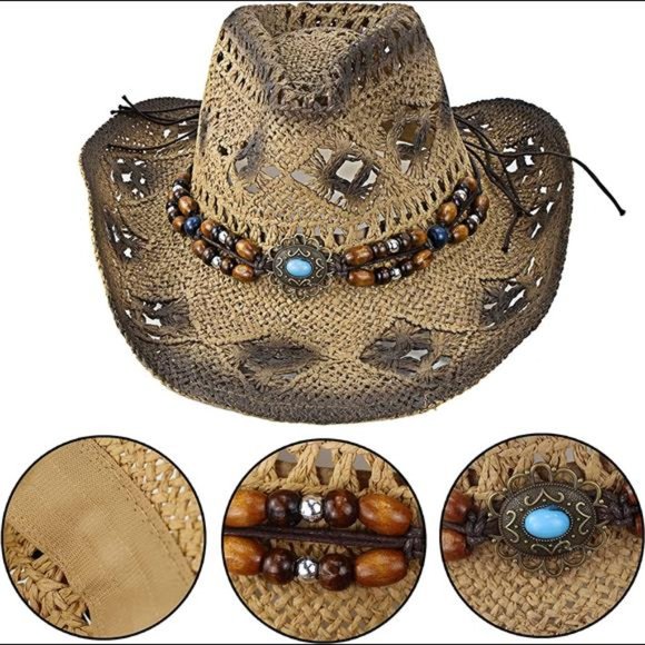 Western Cowboy Straw Hat Vintage Beach Men & Women\'s Woven Straw-Hat Wide Brim main image 5